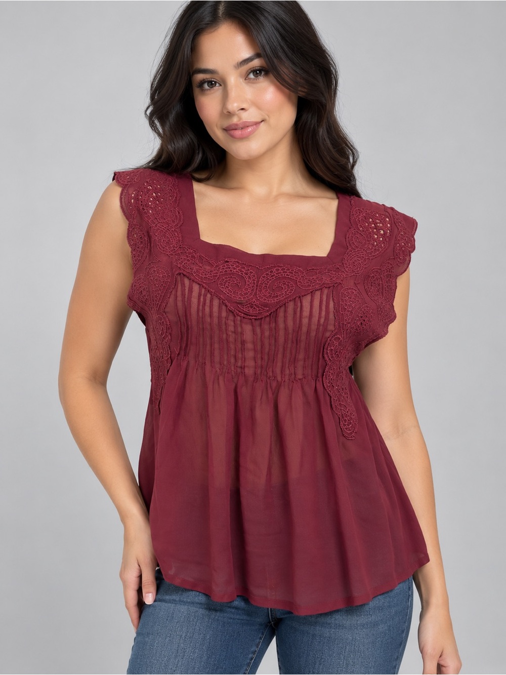 Women's Burgundy Lace-Trim Square Neck Camisole